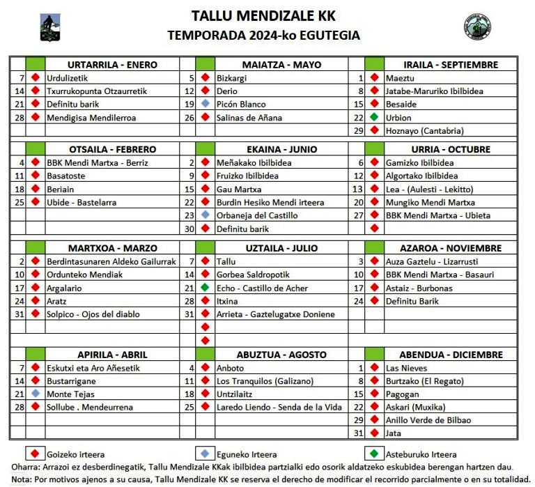 Calendario 2024 Tallu Mendizale taldea