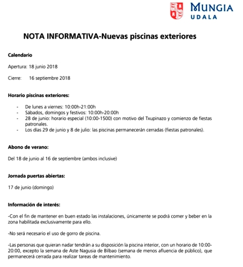 Mungia 2018 bagila NOTA INFORMATIVA_Nuevas piscinas exterioresNOTICIAS Mungia 2018 bagila NOTA INFORMATIVA_Nuevas piscinas exterioresNOTICIAS